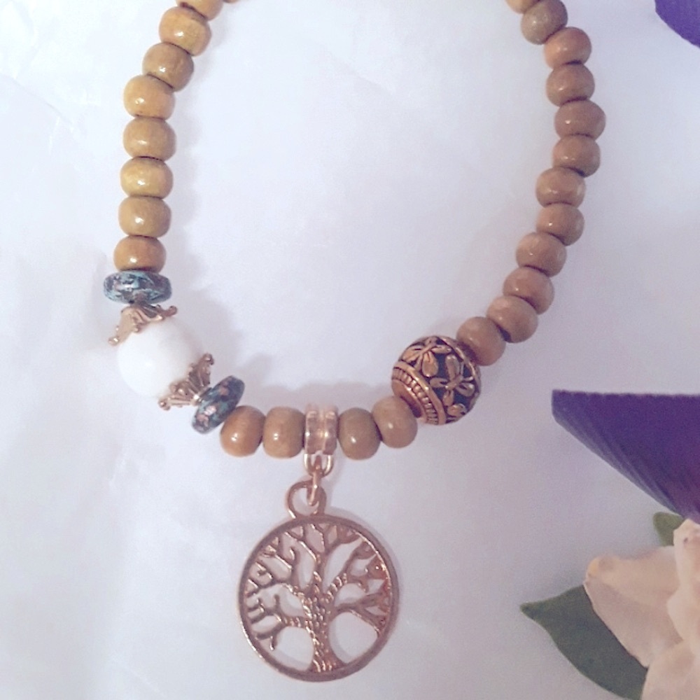 Family Tree Charm natural beaded brown adjustible bracelet. Handmade NEW